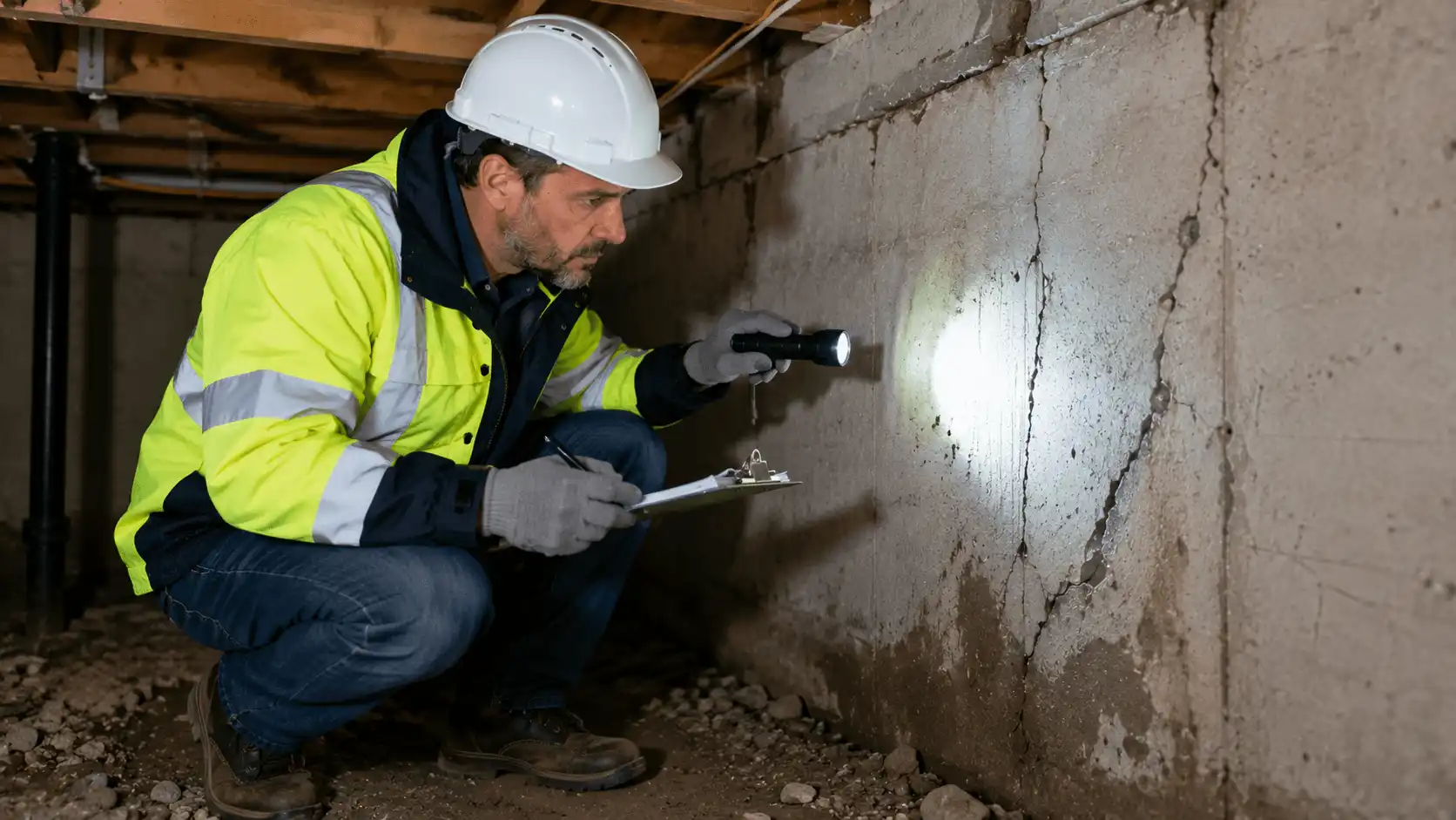 Ingénieur RS Ingénierie inspectant les fondations d'une maison individuelle lors d'un diagnostic structurel