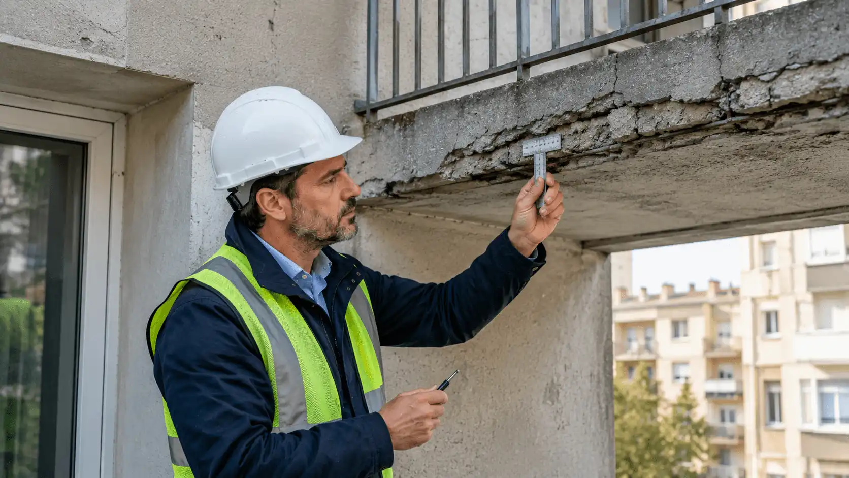 Ingénieur RS Ingénierie inspectant la façade d'un immeuble collectif lors d'un diagnostic structurel