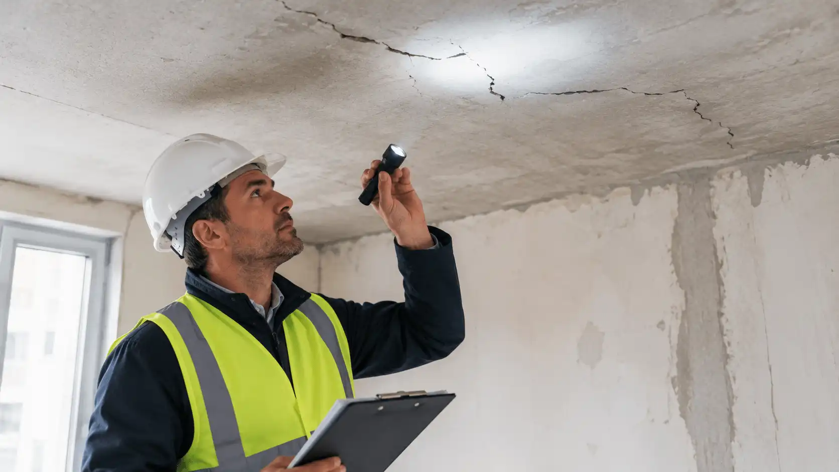 Ingénieur RS Ingénierie inspectant un plafond fissuré lors d'un diagnostic structure