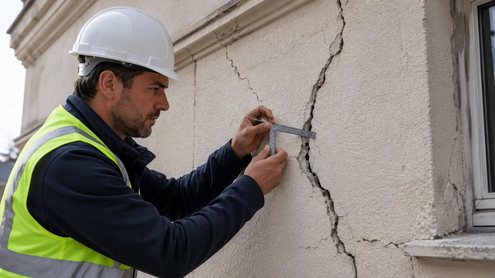 Ingénieur RS Ingénierie inspectant une façade fissurée lors d'un diagnostic structure