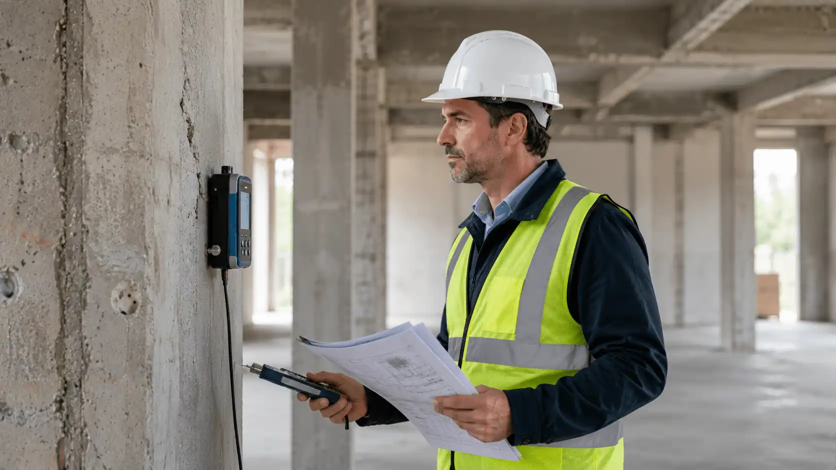 Ingénieur RS Ingénierie réalisant un diagnostic structurel sur chantier avec équipements