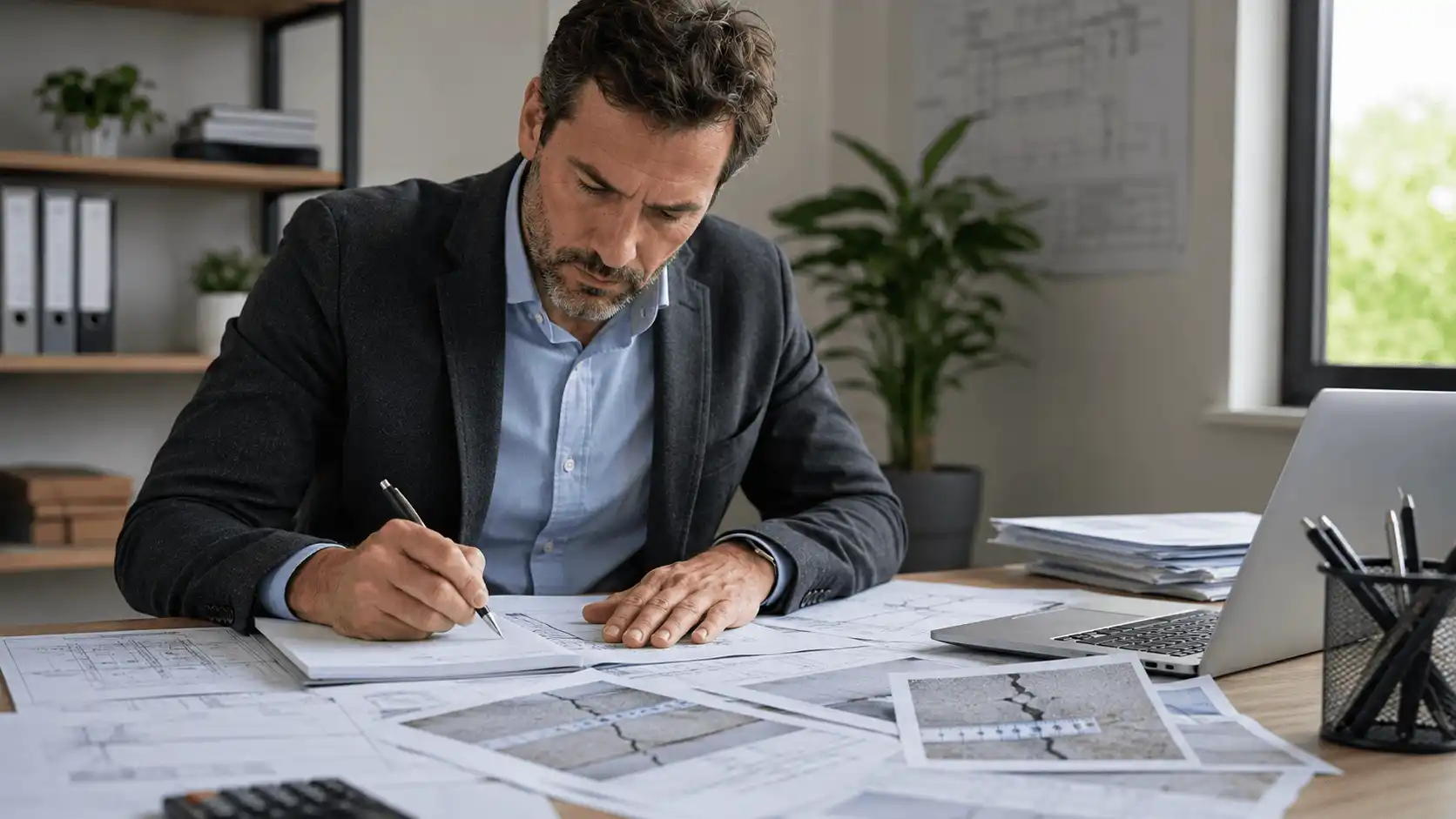 Ingénieur RS Ingénierie rédigeant un rapport d'expertise fissures pour dossier assurance