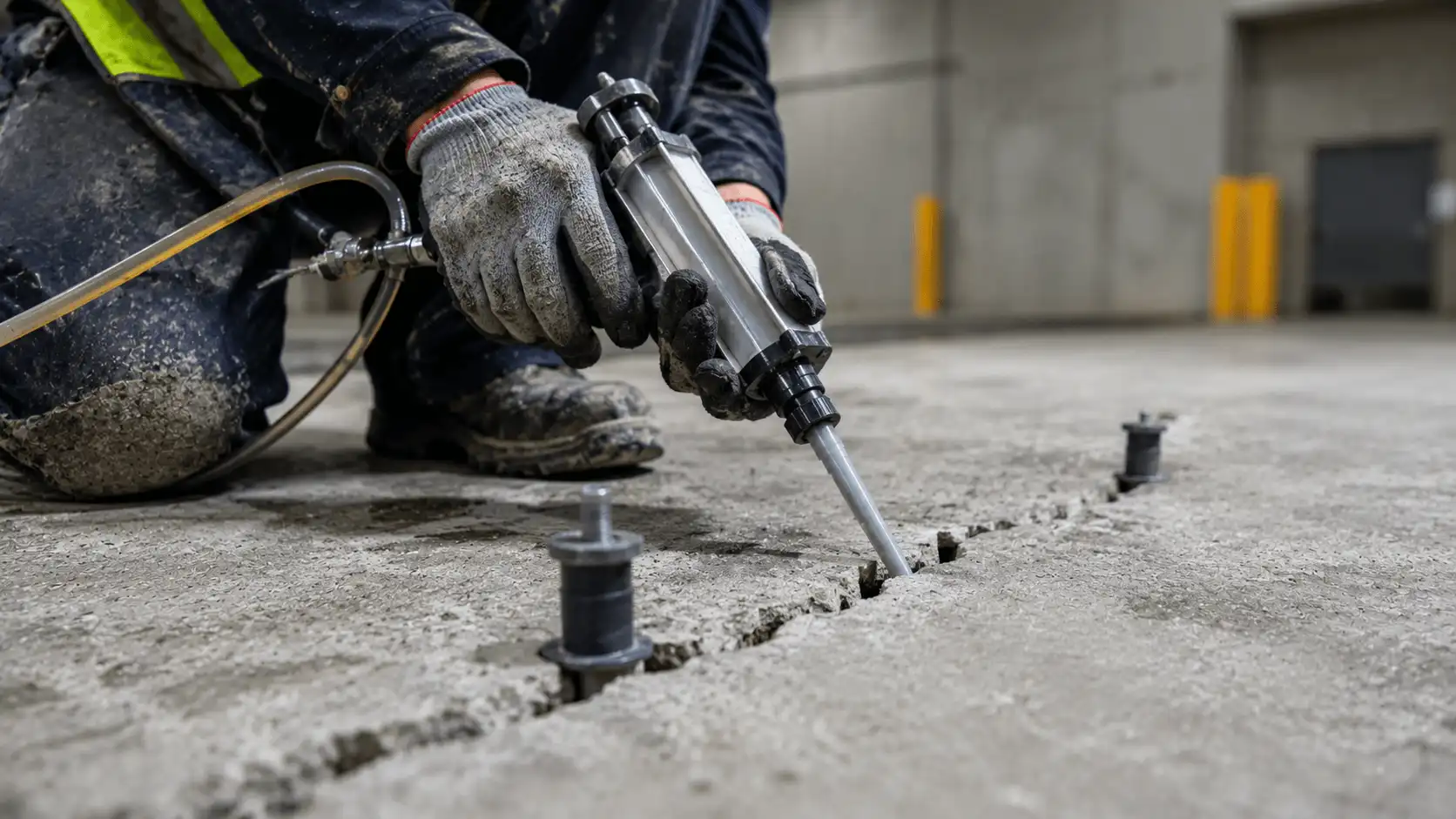 Injection de résine époxy sur fissure dalle béton — RS Ingénierie
