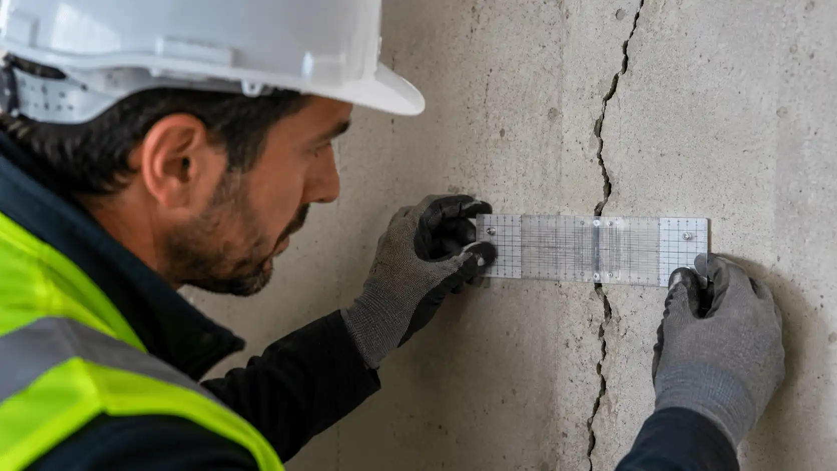 Ingénieur RS Ingénierie mesurant une fissure avec fissuromètre sur façade