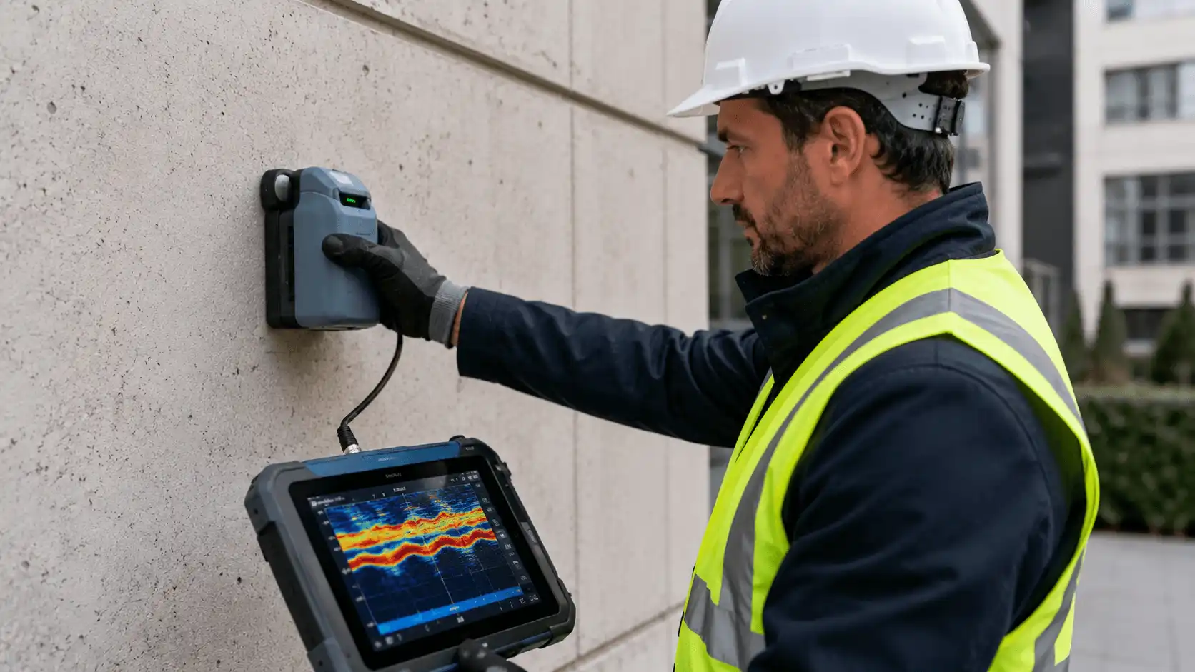Diagnostic fissures RS Ingénierie avec géoradar sur façade de bâtiment