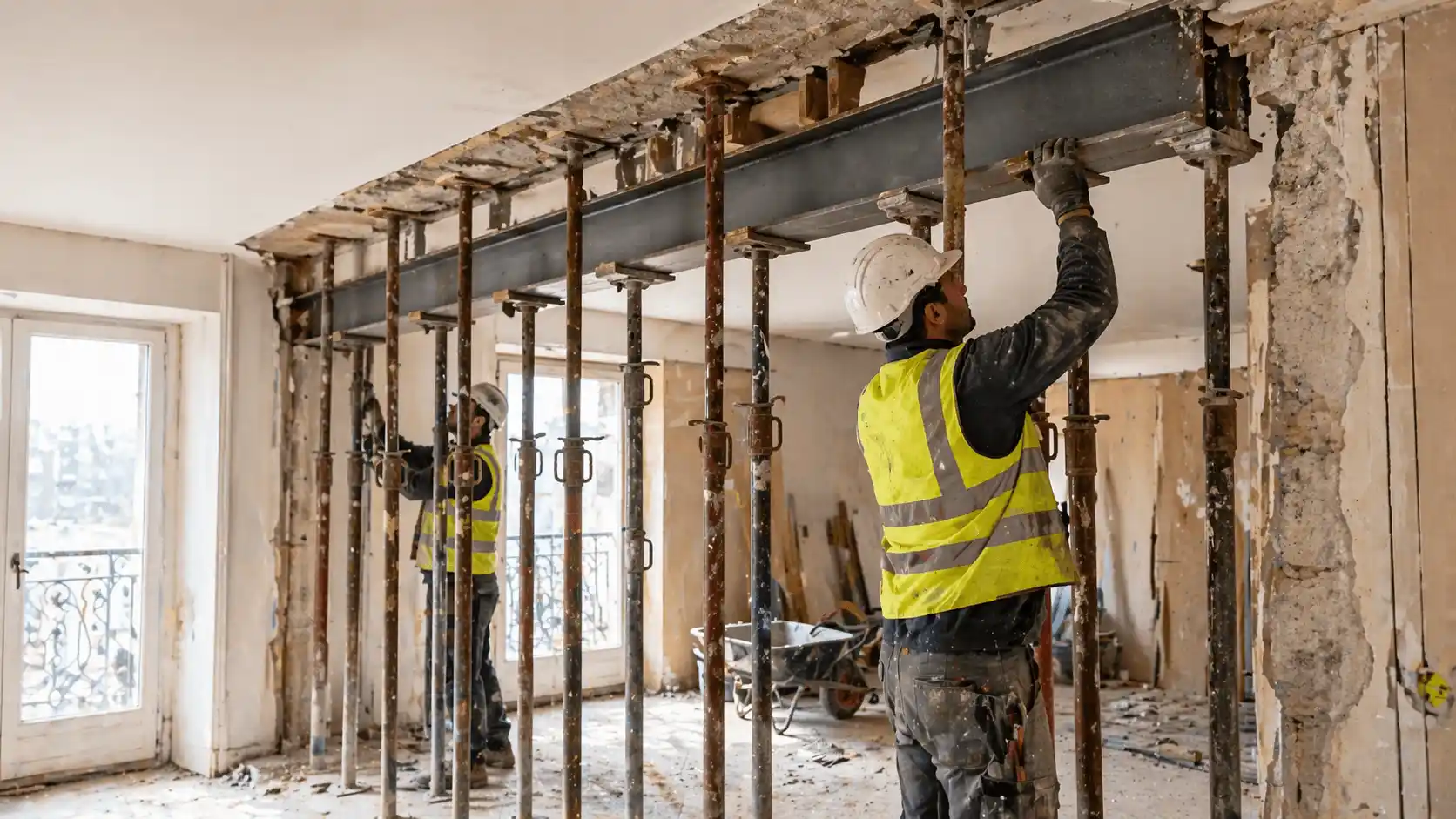 Étaiement et découpe d'un mur porteur sur chantier