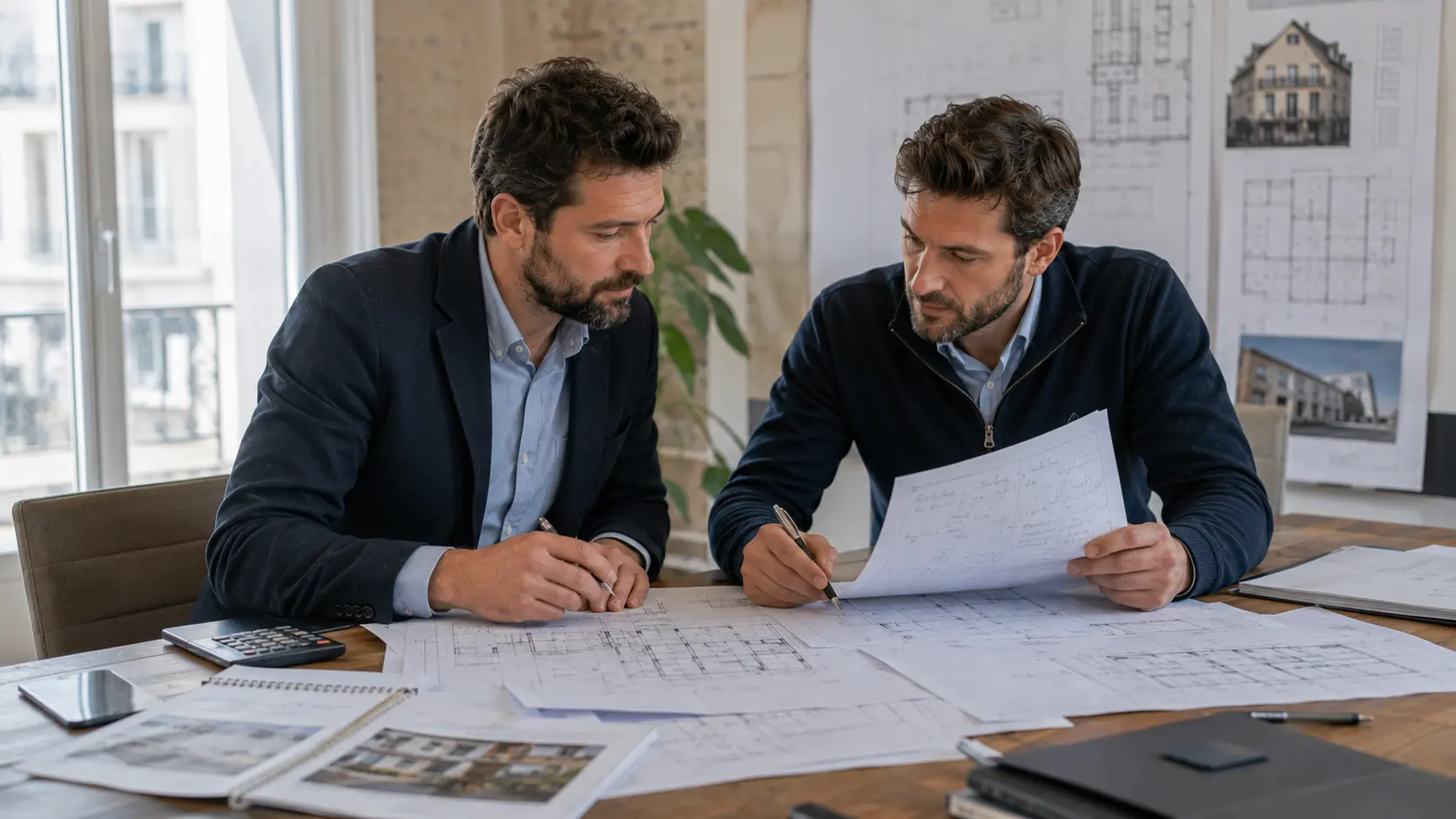 Architecte en réunion avec ingénieur RS Ingénierie pour vérification structurelle avant suppression de murs intérieurs