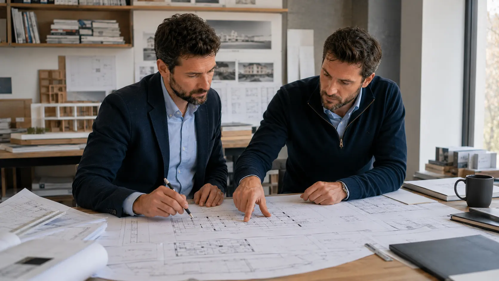 Architecte et ingénieur RS Ingénierie collaborant sur un projet de rénovation avec expertise structurelle