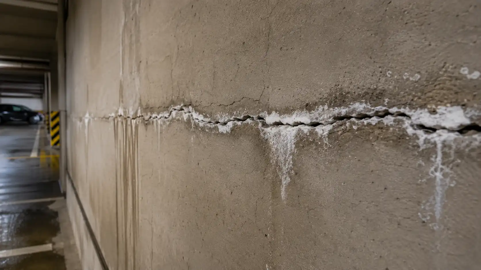 Fissures horizontales sur voile béton armé avec infiltrations dans un parking de centre commercial — RS Ingénierie