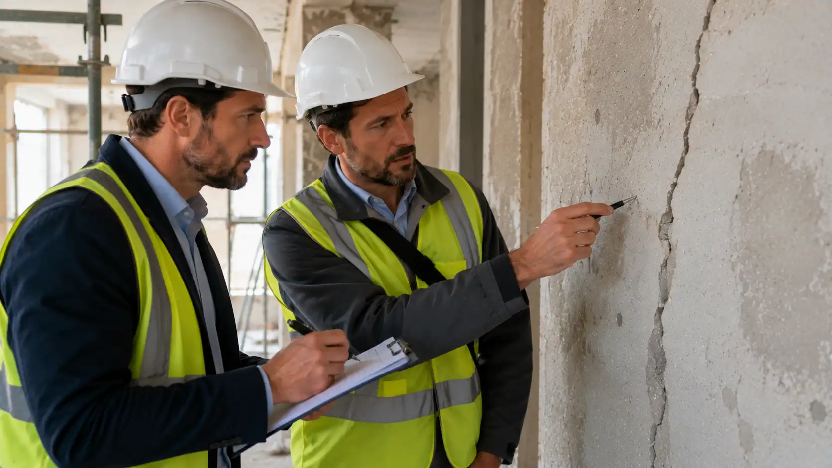Chef de chantier signalant une fissure découverte en cours de rénovation à l'ingénieur RS Ingénierie