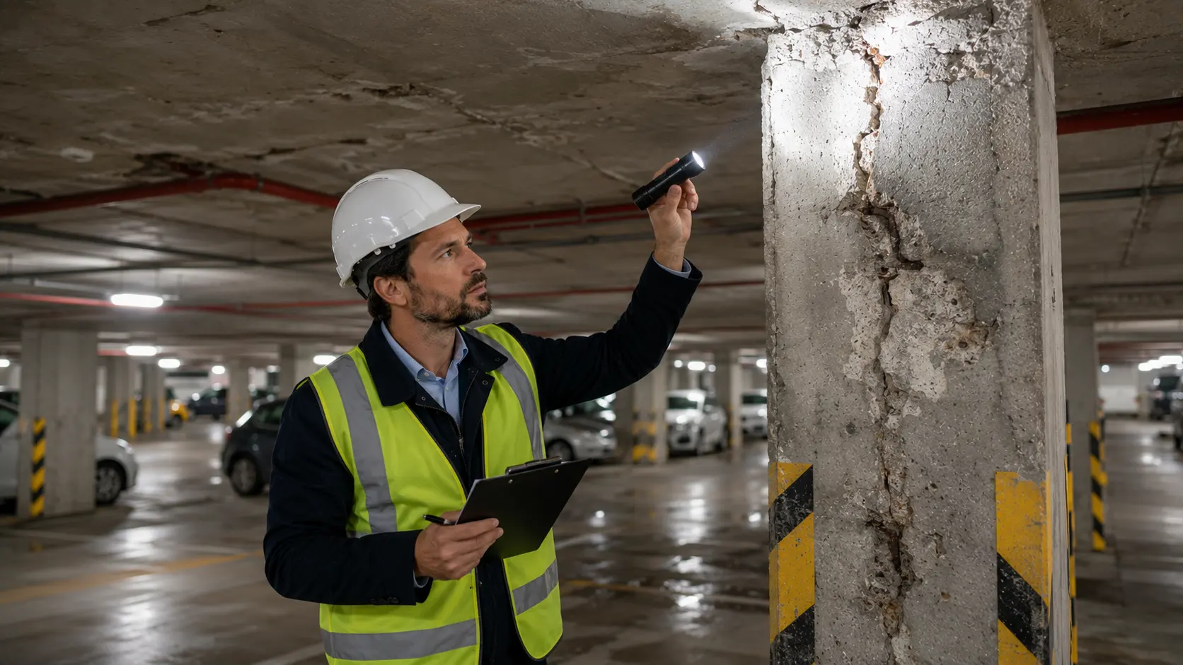 Ingénieur RS Ingénierie réalisant un audit structurel dans un centre commercial — inspection parking sous-sol