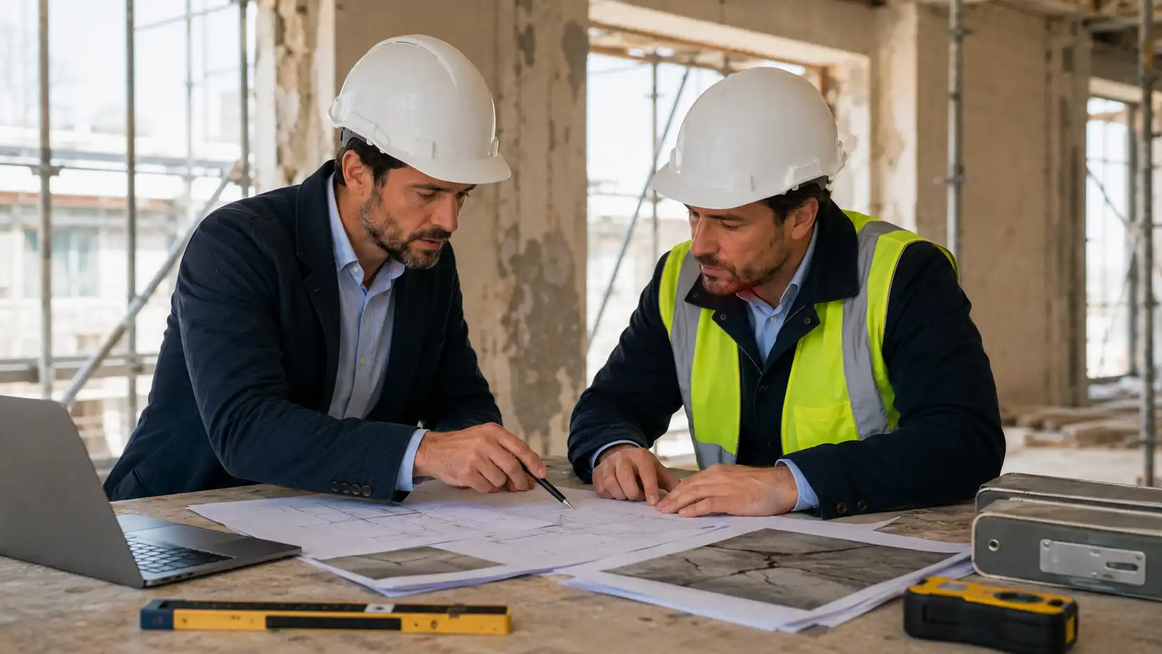 Maître d'œuvre et ingénieur RS Ingénierie examinant des fissures importantes sur un bâtiment avant rénovation