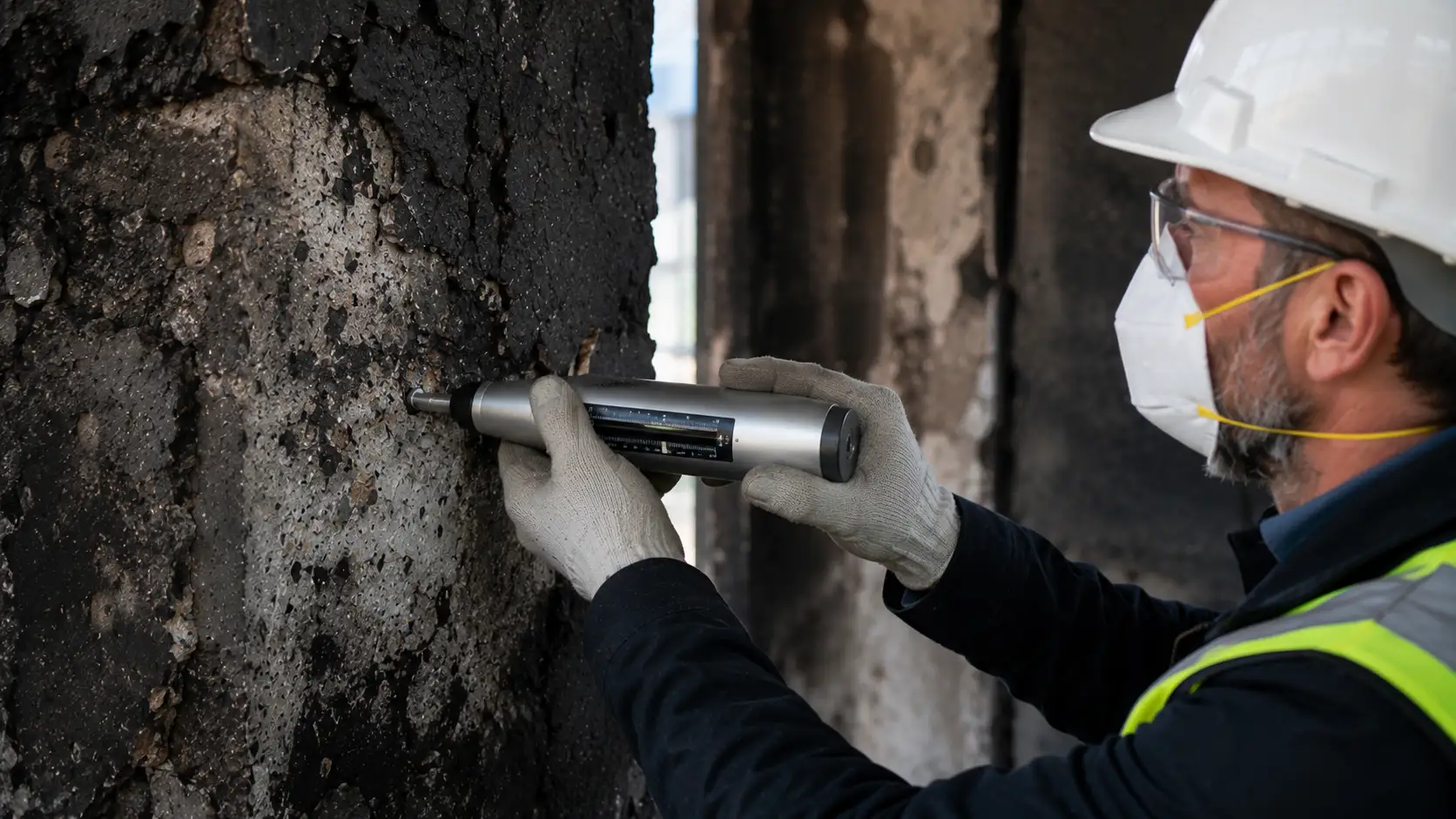 Ingénieur RS Ingénierie inspectant une structure béton armé après incendie avec scléromètre