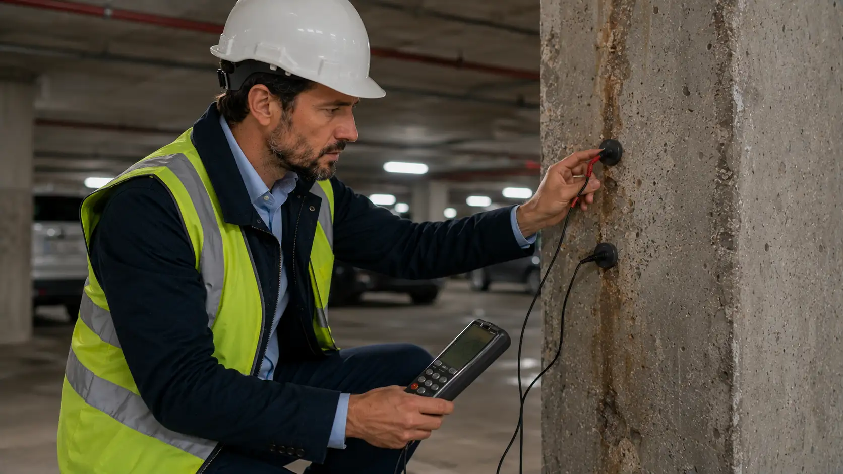 Profometer de corrosion utilisé sur un poteau béton armé dans un parking — RS Ingénierie