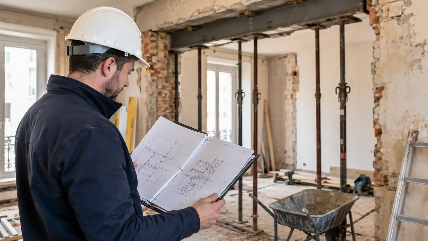 Plans d'exécution BET RS Ingénierie consultés par une entreprise de rénovation sur chantier
