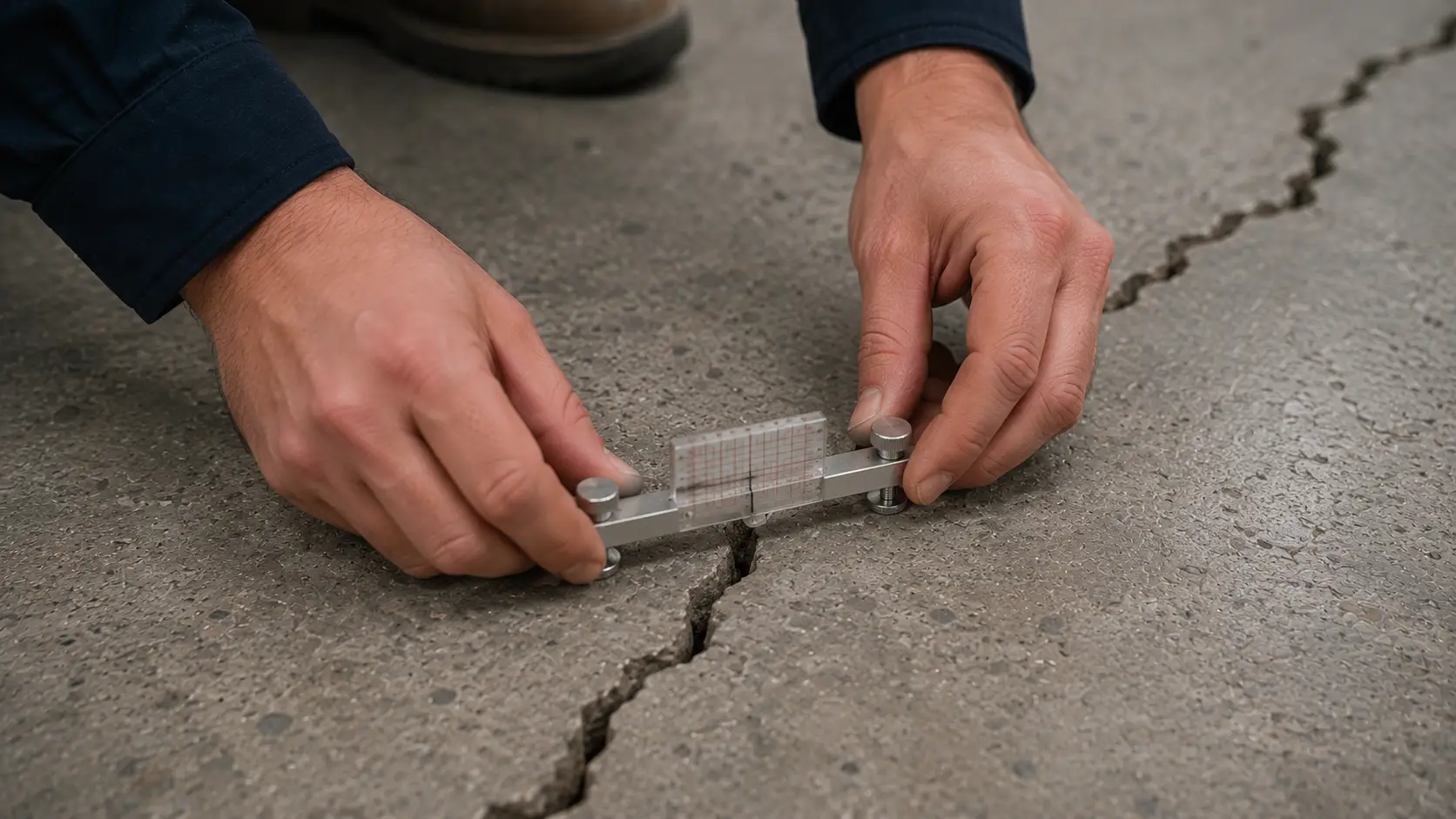 Ingénieur RS Ingénierie réalisant une expertise sur un dallage industriel fissuré