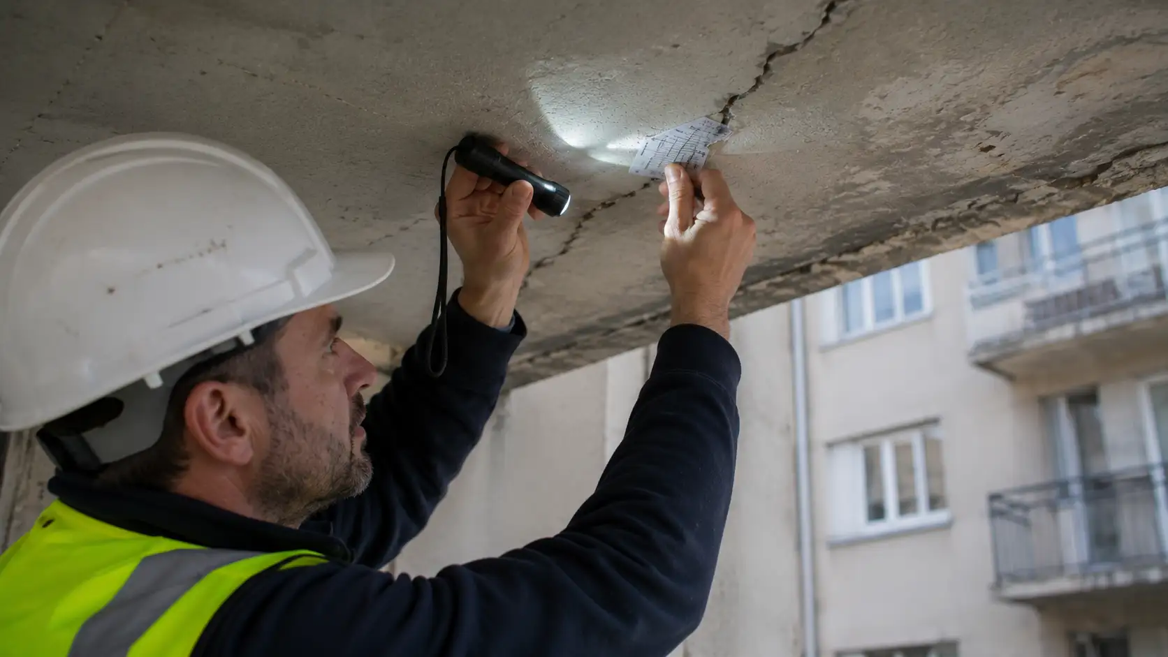 Mesure d'une fissure de balcon au fissuromètre — expertise RS Ingénierie