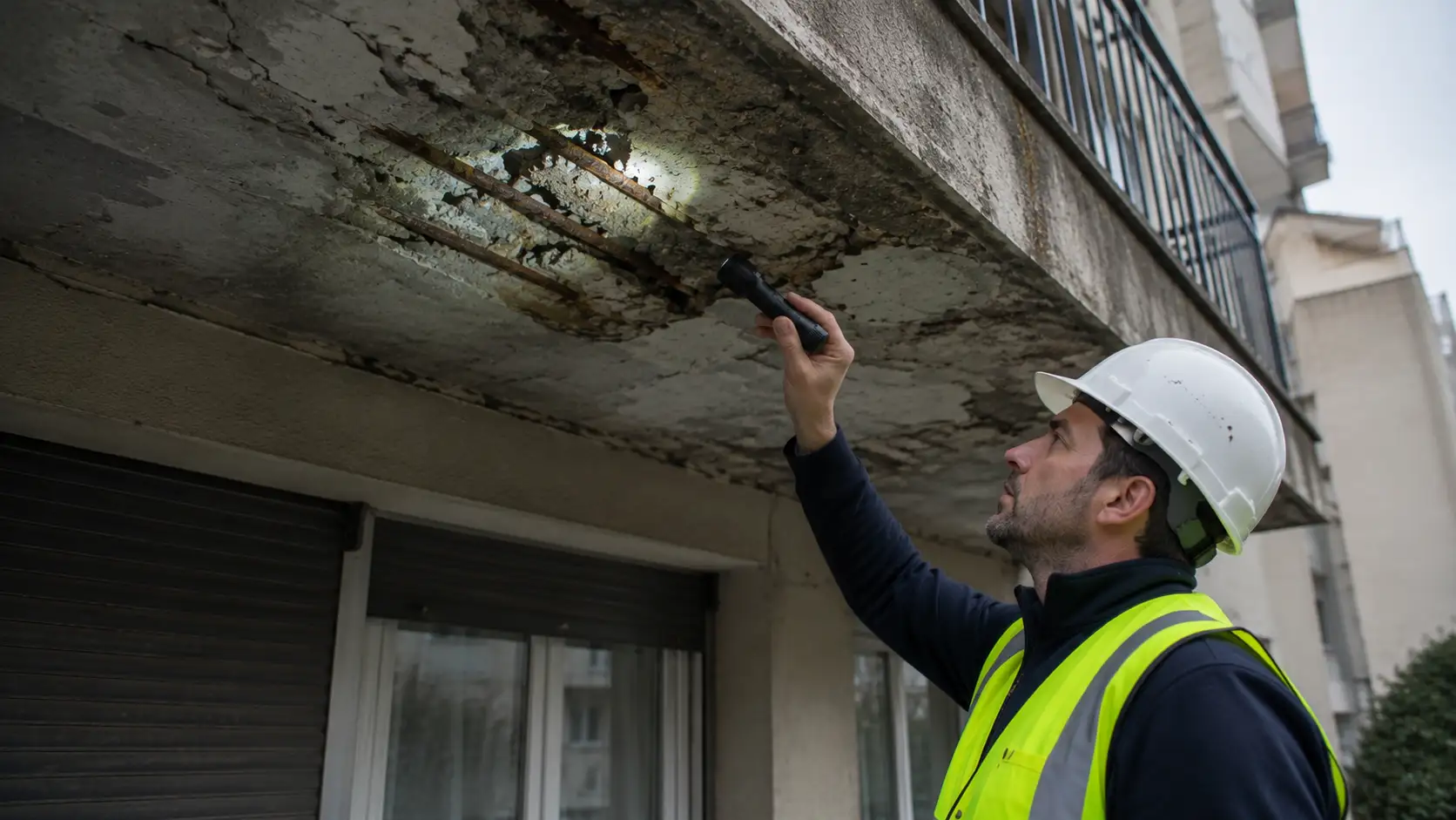 Ingénieur RS Ingénierie inspectant un balcon dangereux — éclatements de béton et armatures corrodées visibles
