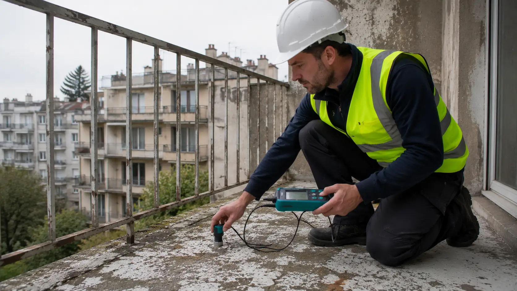 Ingénieur RS Ingénierie utilisant le profometer sur un balcon ancien pour détecter la corrosion des armatures