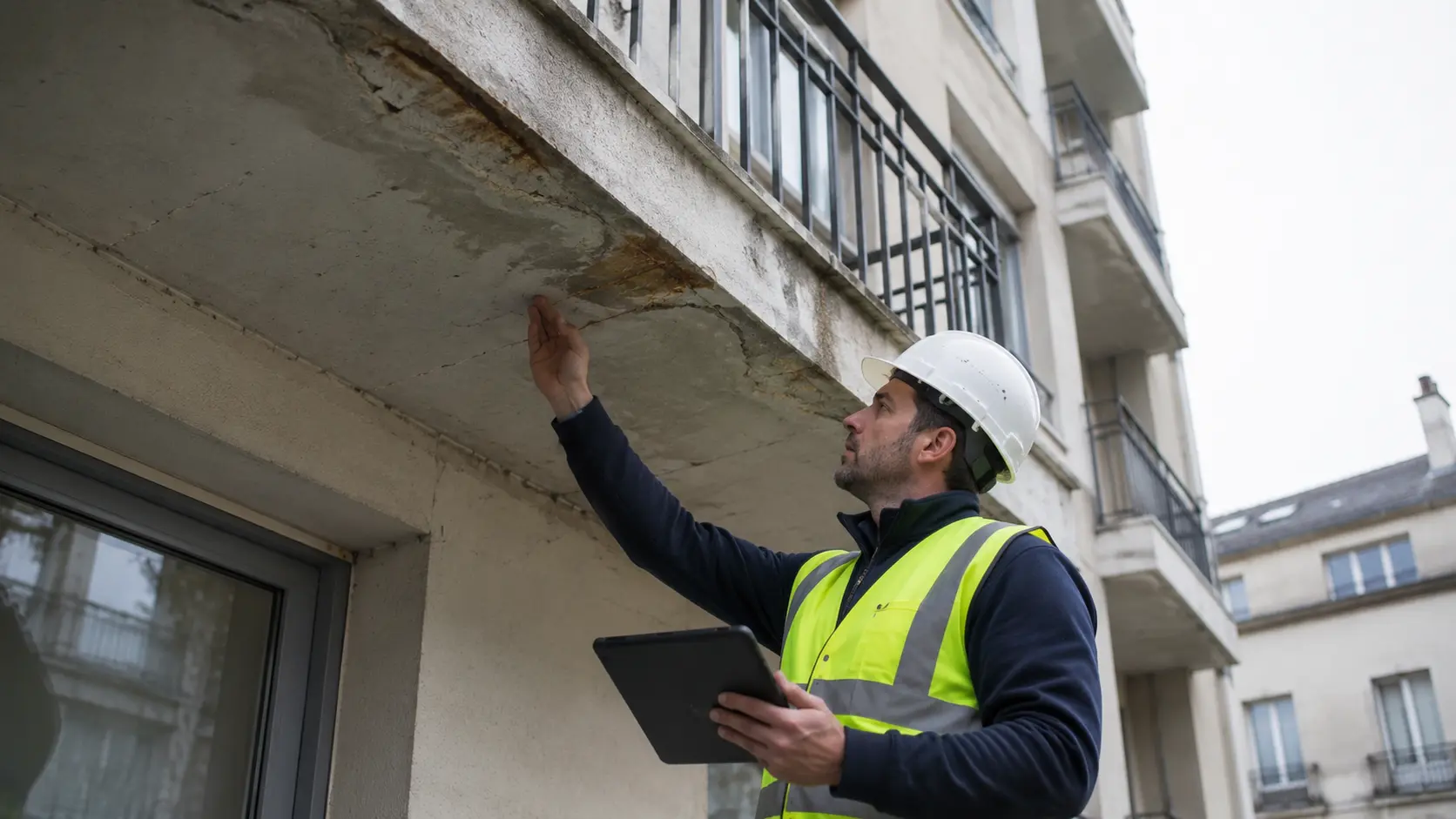 Ingénieur RS Ingénierie inspectant la sous-face d'un balcon béton armé — corrosion des armatures