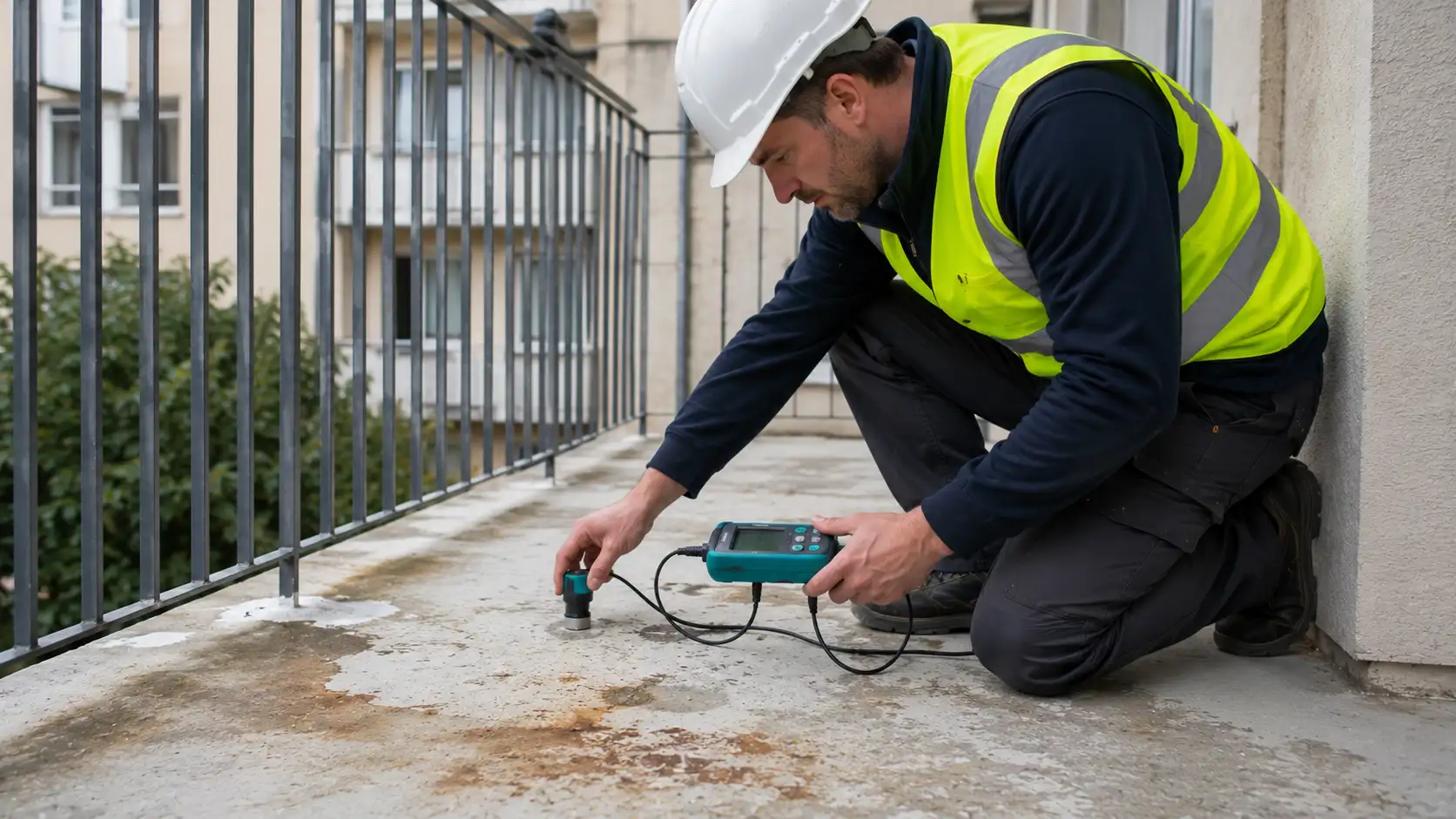 Mesure au profometer sur balcon béton armé — évaluation du potentiel de corrosion des armatures RS Ingénierie