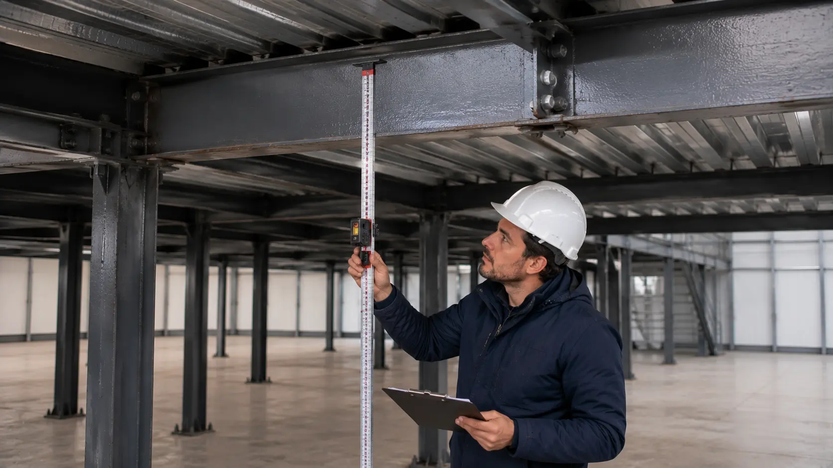 Ingénieur RS Ingénierie mesurant la flèche d'une poutre de mezzanine existante lors d'un diagnostic structurel