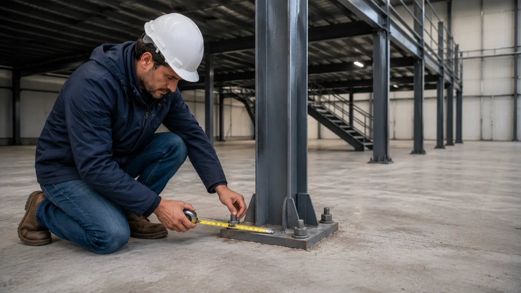 Ingénieur RS Ingénierie réalisant une étude structure de mezzanine — vérification des ancrages sur dallage industriel