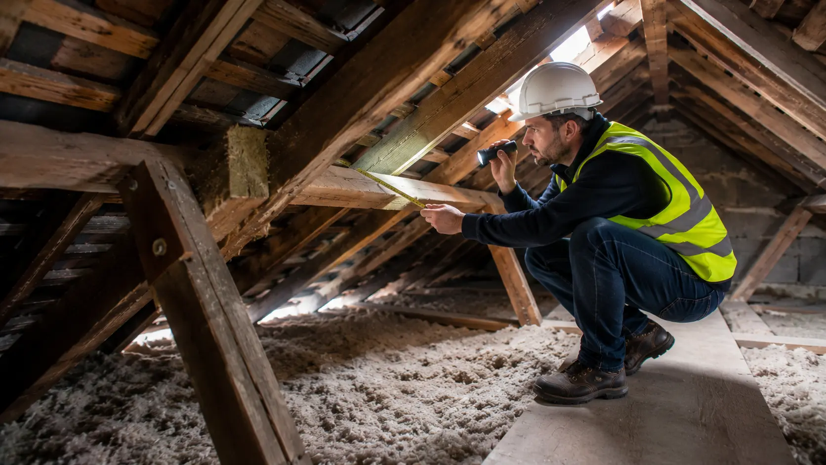 Ingénieur RS Ingénierie inspectant une charpente bois en combles avant installation de panneaux photovoltaïques