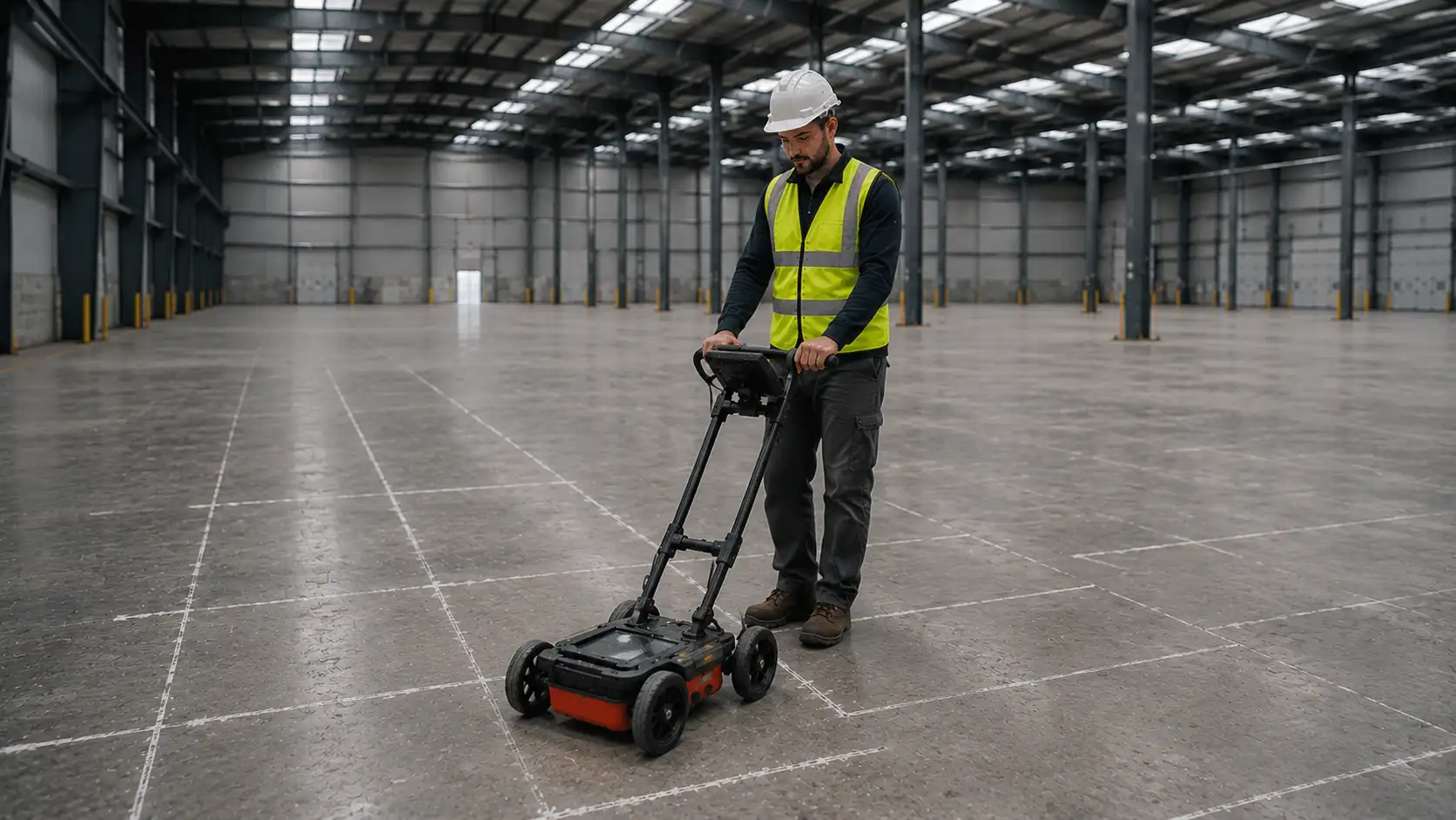 Ingénieur RS Ingénierie réalisant un diagnostic de dallage béton dans un entrepôt logistique avant prise à bail