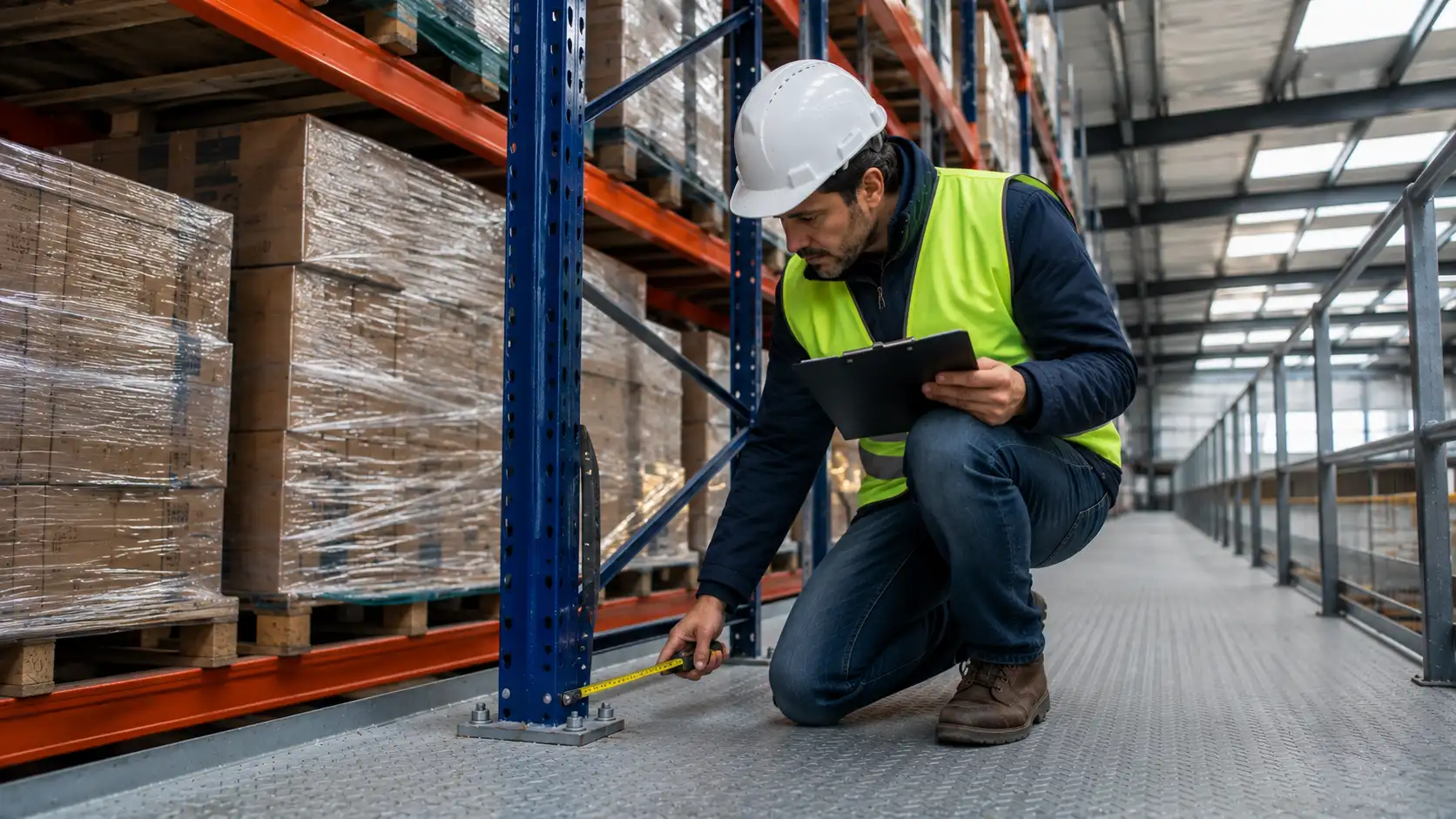 Ingénieur RS Ingénierie vérifiant la capacité portante d'une mezzanine industrielle surchargée de racks