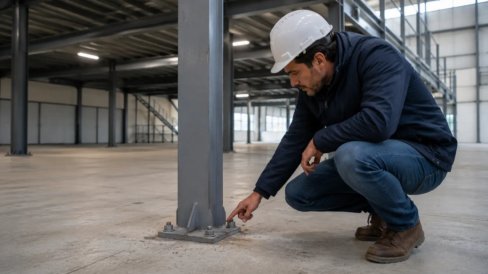 Inspection d'une mezzanine industrielle existante par un ingénieur RS Ingénierie — vérification des assemblages et des ancrages