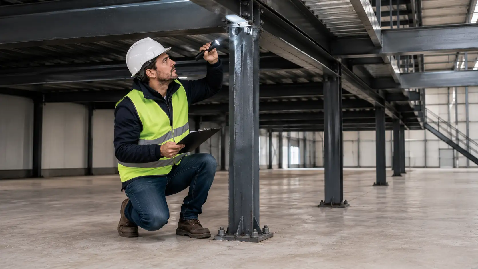 Bureau d'études RS Ingénierie réalisant une étude structurelle de mezzanine industrielle dans un entrepôt
