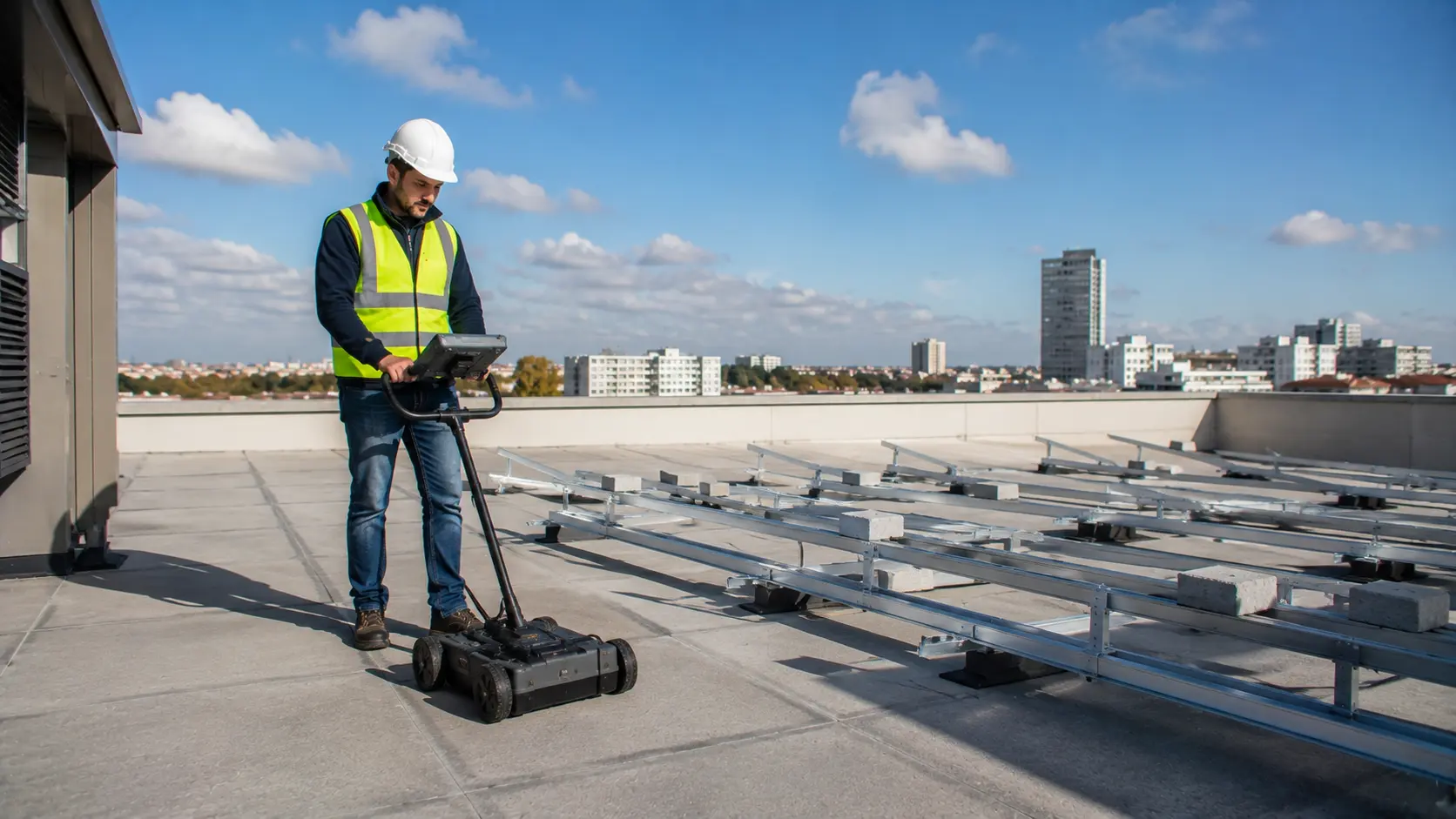 Ingénieur RS Ingénierie réalisant une investigation géoradar sur une toiture terrasse avant installation de panneaux photovoltaïques