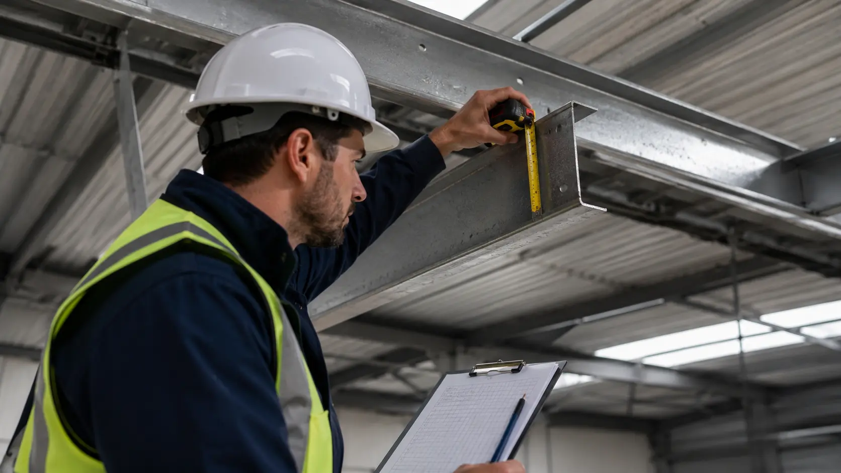 Ingénieur RS Ingénierie inspectant la charpente métallique d'un hangar industriel avant installation de panneaux photovoltaïques