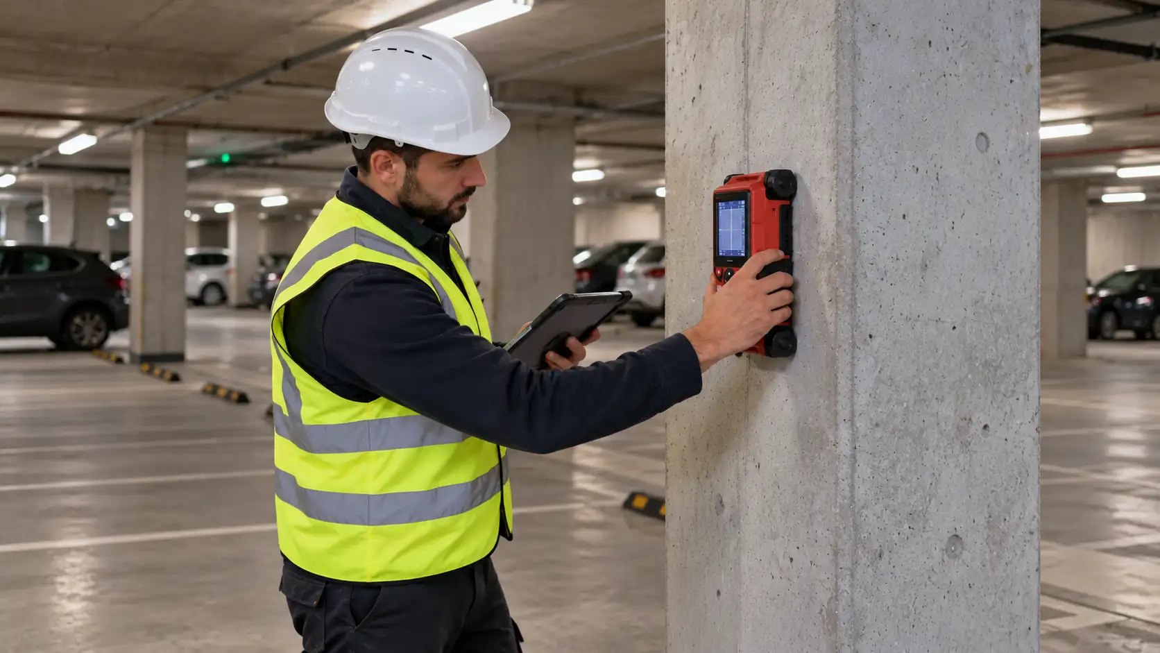 Ingénieur RS Ingénierie scannant un poteau en béton armé au ferroscan pour repérer les armatures et mesurer l'enrobage
