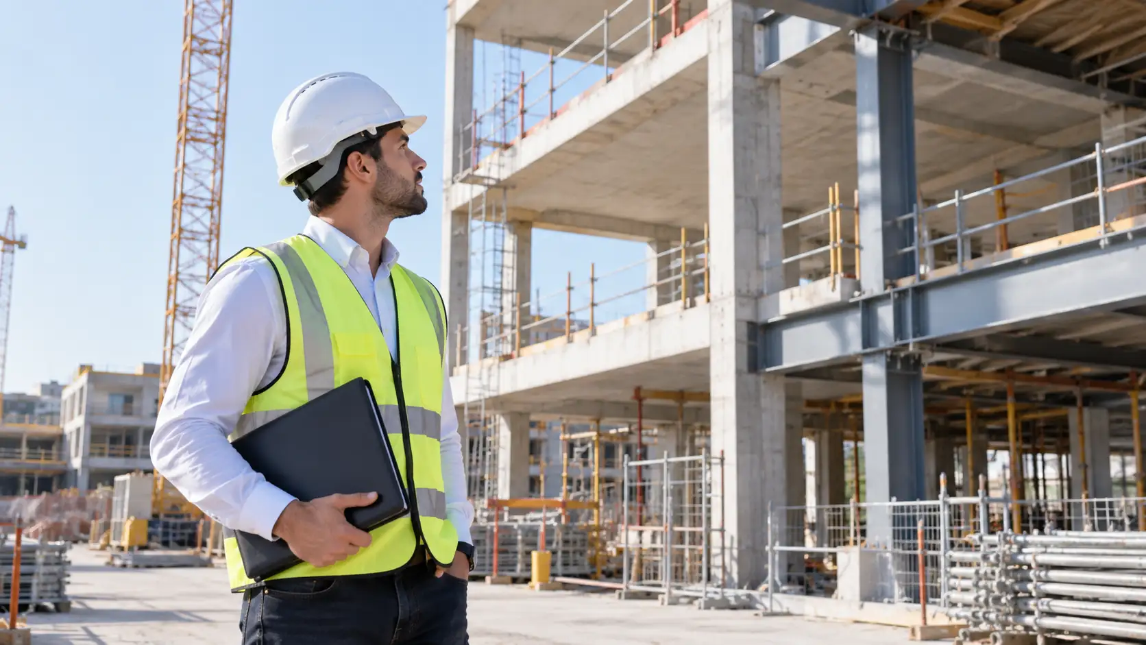 Ingénieur RS Ingénierie sur site tenant un dossier d'étude de structure