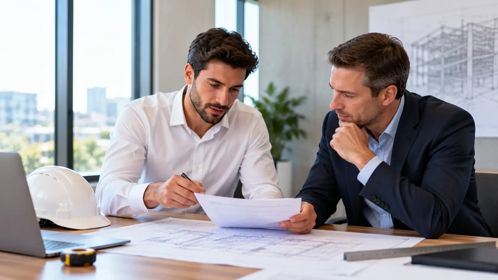 Maître d'ouvrage et ingénieur structure examinant un certificat de qualification OPQIBI
