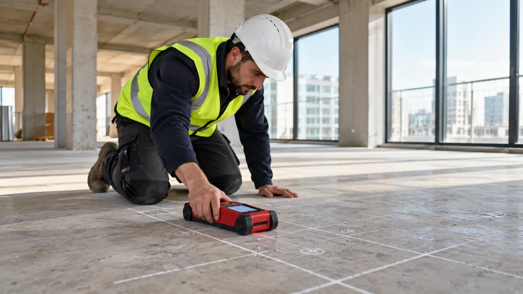 Ingénieur RS Ingénierie réalisant un scan au ferroscan sur une dalle béton pour cartographier les armatures